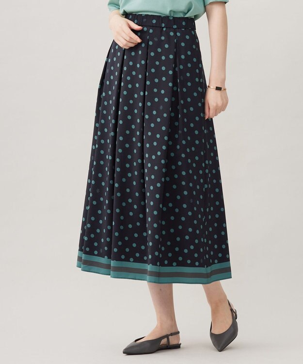 自由区 L 【洗える】ポルカドットプリント スカート ネイビー×ミントグリーン