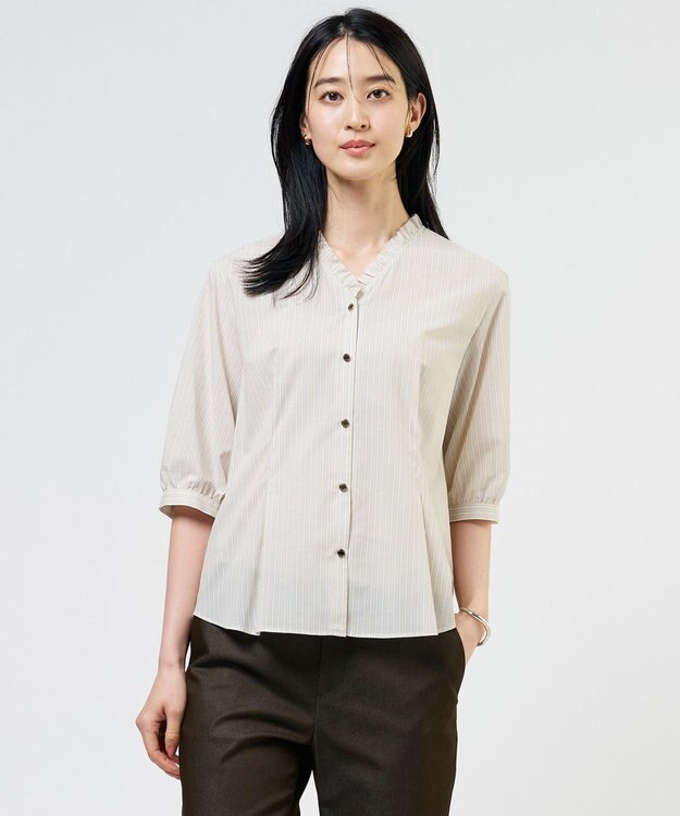 J.PRESS LADIES 【一枚で着映え】シルフィーローン ストライプ フリル シャツブラウス ベージュ系