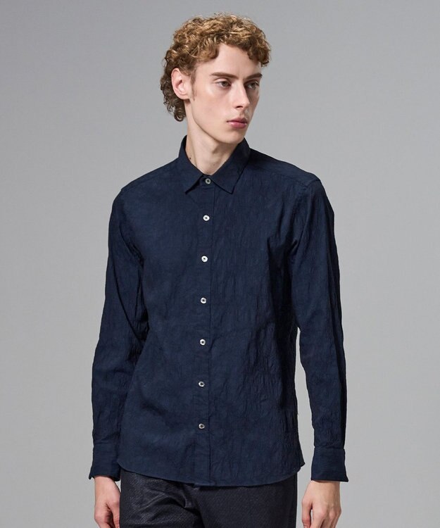 JOSEPH HOMME アブストラクトジャガードストレッチ　レギュラーカラーシャツ ネイビー系