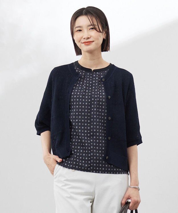 J.PRESS LADIES L 【洗える】PATTERN MESH ドルマンスリーブ カーディガン ネイビー系