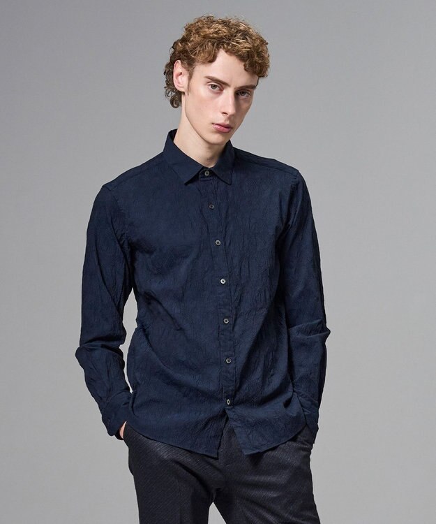 JOSEPH HOMME アブストラクトジャガードストレッチ　レギュラーカラーシャツ ネイビー系