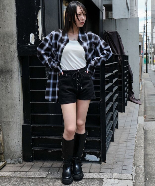 WEGO レースアップデニムショートパンツ ブラック