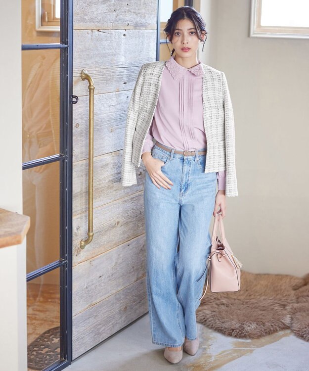 Tiaclasse L 【洗える】ラメチェックツイードジャケット オフホワイト