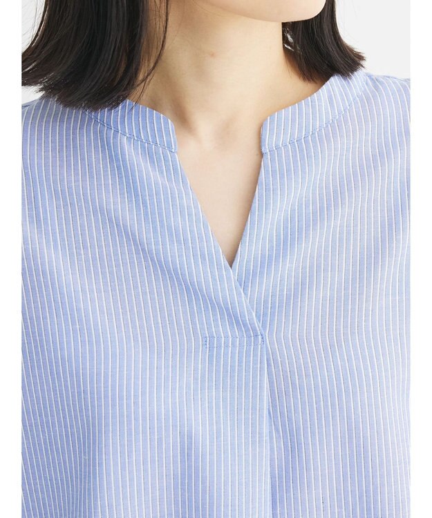 Green Parks 綿麻混フレンチスリーブスキッパーシャツ Stripe Blue