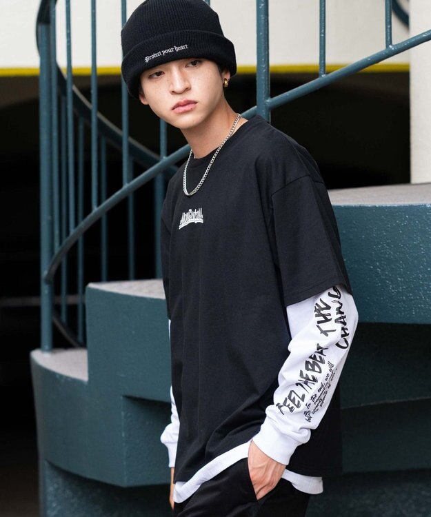 WEGO 【2点セット】アクセ付きアンサンブルグラフィックT（長袖） ブラック