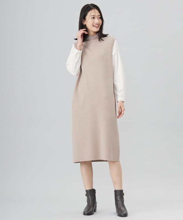 J.PRESS LADIES L 【洗える】CLOTH COMBI KNIT ワンピース ベージュ×アイボリー系