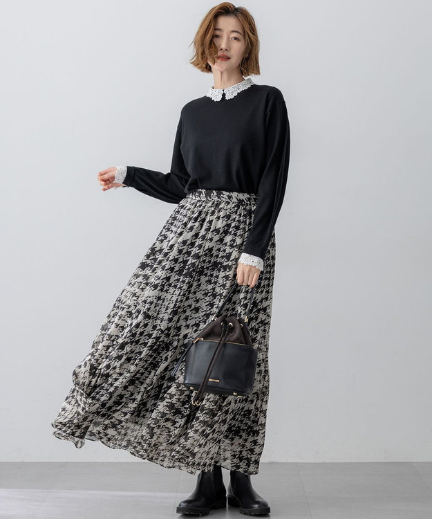 23区 S 【洗える】ハウンドトゥースアートプリント ギャザー スカート モノトーンプリント