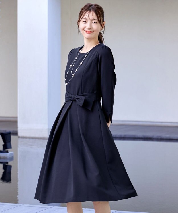 Tiaclasse 【セレモニー・新色追加・洗える】アシメリボンベルトフレアワンピース ネイビー