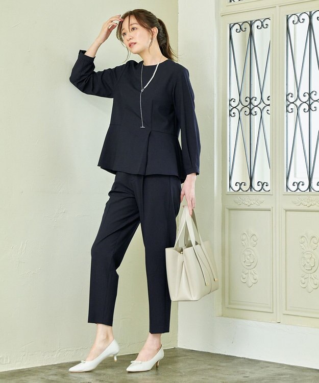 ANY L 【洗濯機可/ストレッチ/ウエストゴム/セットアップ可】イージーケアテーパードパンツ ネイビー