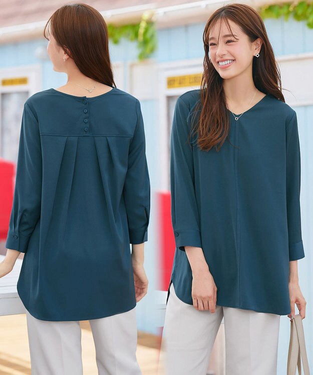 Tiaclasse L 【洗える】ラウンドスリットチュニック ターコイズ
