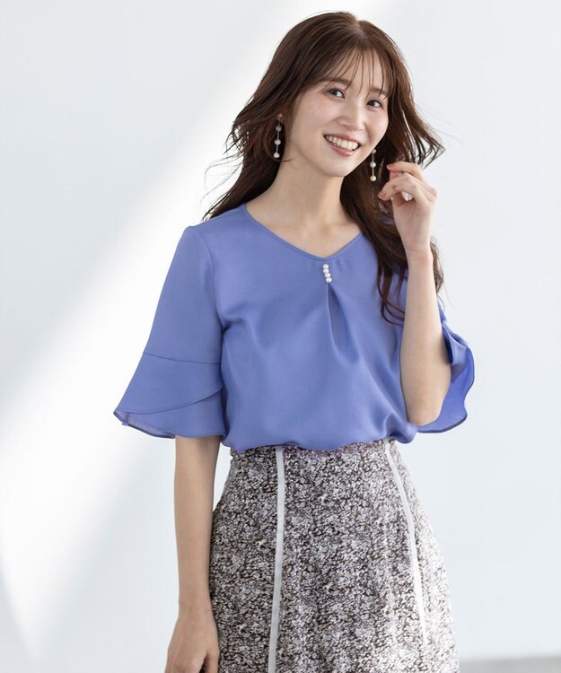 ANY SIS S 【接触冷感・UVカット・速乾】スムージーポリエステル フレアスリーブ ブラウス ブルー