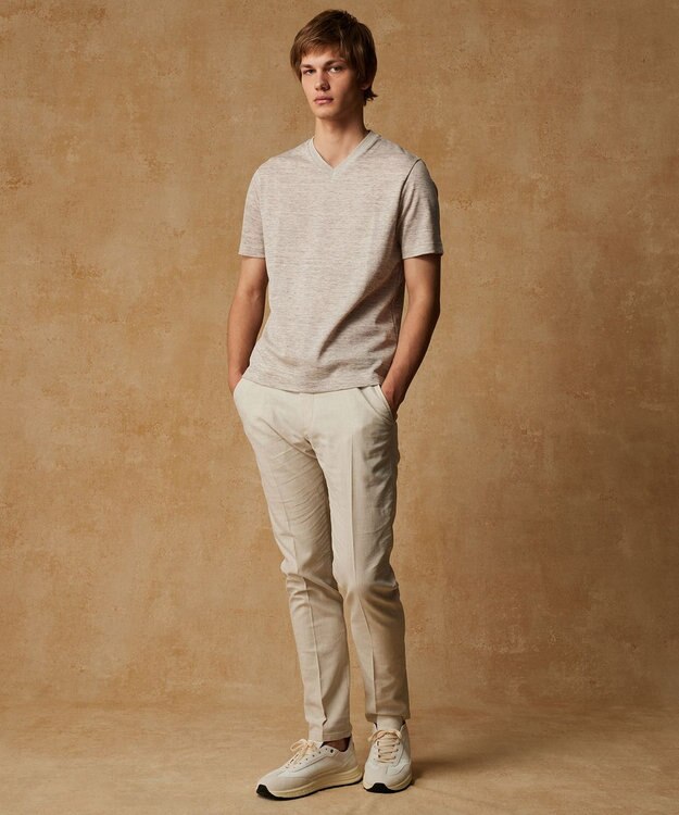 JOSEPH ABBOUD 【リネン素材/吸水速乾/日本素材】リネンハニカム Vネック Tシャツ ベージュ系