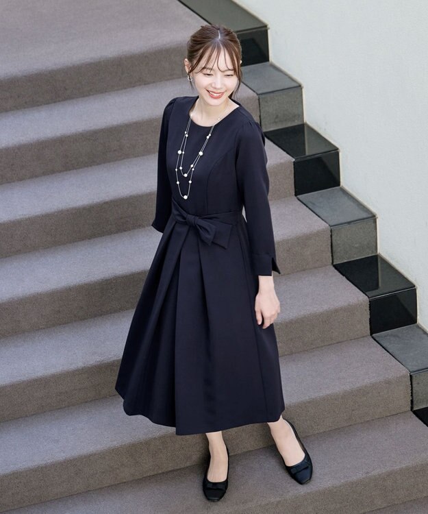 Tiaclasse 【セレモニー・新色追加・洗える】アシメリボンベルトフレアワンピース ネイビー