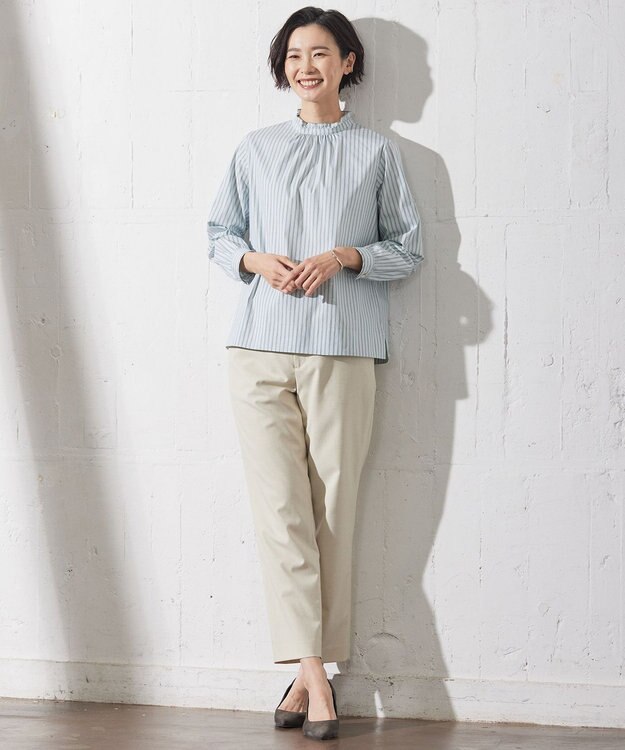 J.PRESS LADIES 【洗える】BEZ VEGA ストライプ フリルネック ブラウス スカイブルー系1