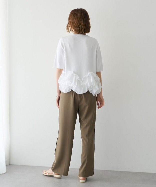 YECCA VECCA パール釦ラッフル5分袖カーディガン Off White
