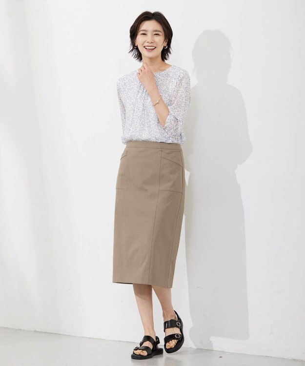 J.PRESS LADIES 【洗える・吸水速乾】コットン麻シェルドライ ナロー スカート カーキ系