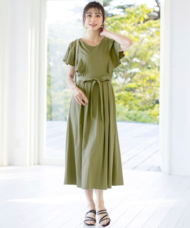 Tiaclasse L 【洗える】ストレスフリーで着用できるカットソーフレアワンピース カーキ