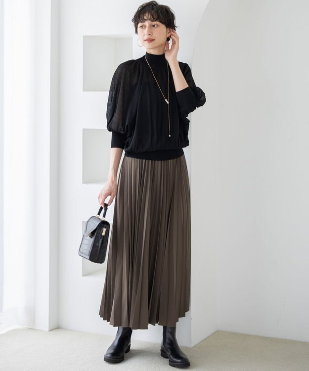 23区 【洗える】シアーギャザー ハイネック ニット ブラック系