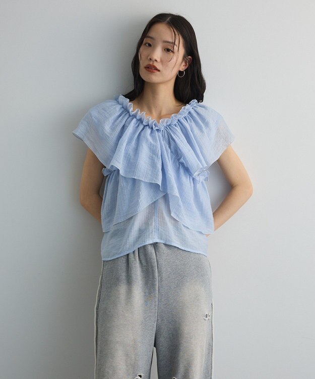 Green Parks マルチＷＡＹオフショルフリルブラウス Sax