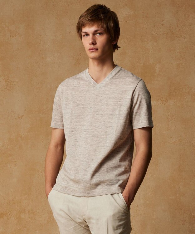 JOSEPH ABBOUD 【キングサイズ・リネン素材/吸水速乾/日本素材】リネンハニカム Vネック Tシャツ ベージュ系