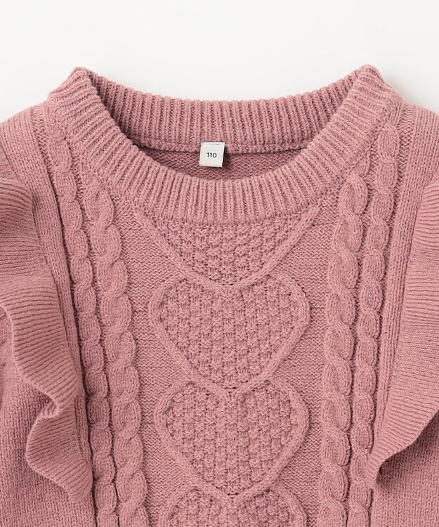 ANY KIDS 肩フリルハートケーブルニット ピンク