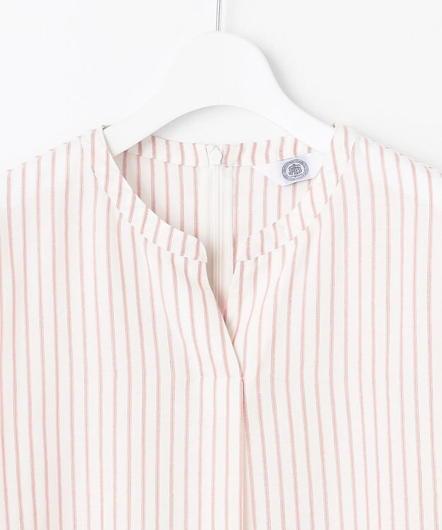 J.PRESS LADIES S 【洗える】ウォッシャブルキュプラツイル キーネック ブラウス ホワイト×ピンク系