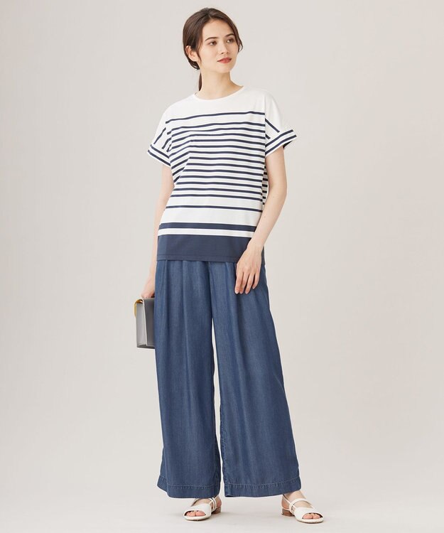 自由区 S 【洗える】ハイカウントボーダー カットソー オフ×インク