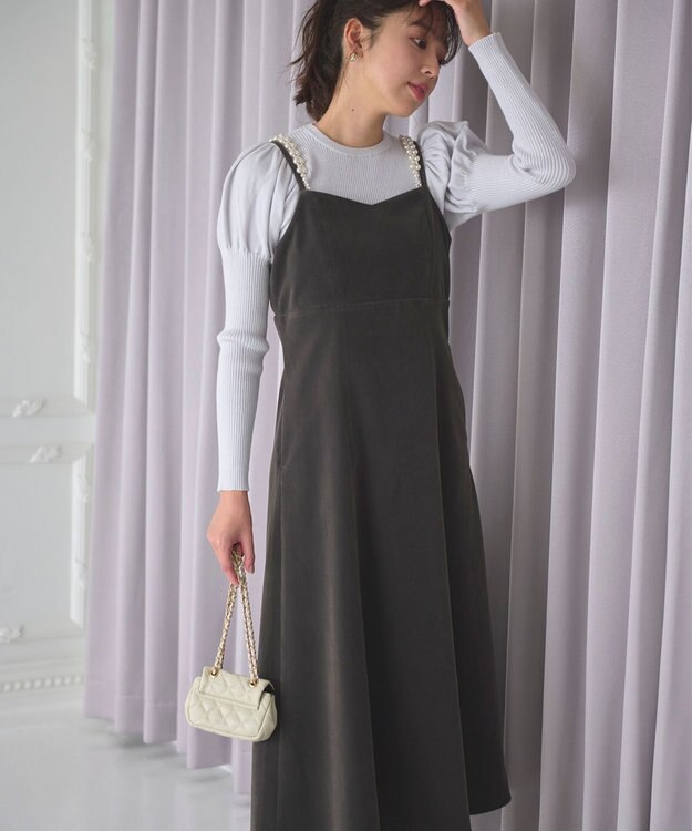 Feroux 【2WAY】パールストラップベロア ジャンスカ ライトグレー系