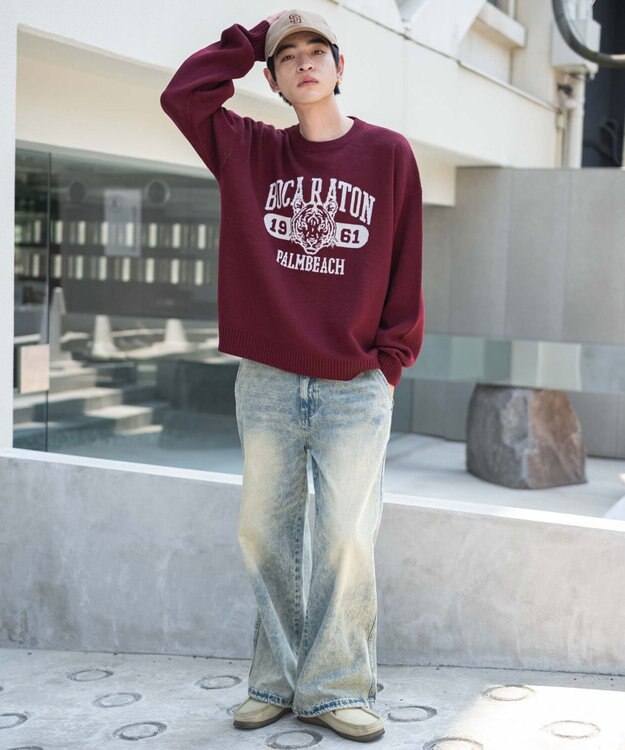 WEGO 【ユニセックス着用ITEM/SMLサイズ展開】ジャガードグラフィックプルオーバー ワイン