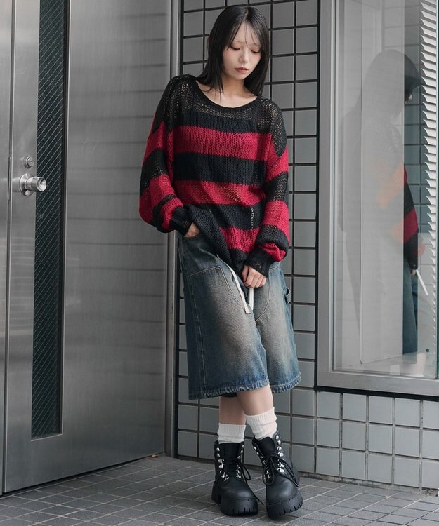 WEGO モヘアタッチボーダーBIGニット レッドボーダー