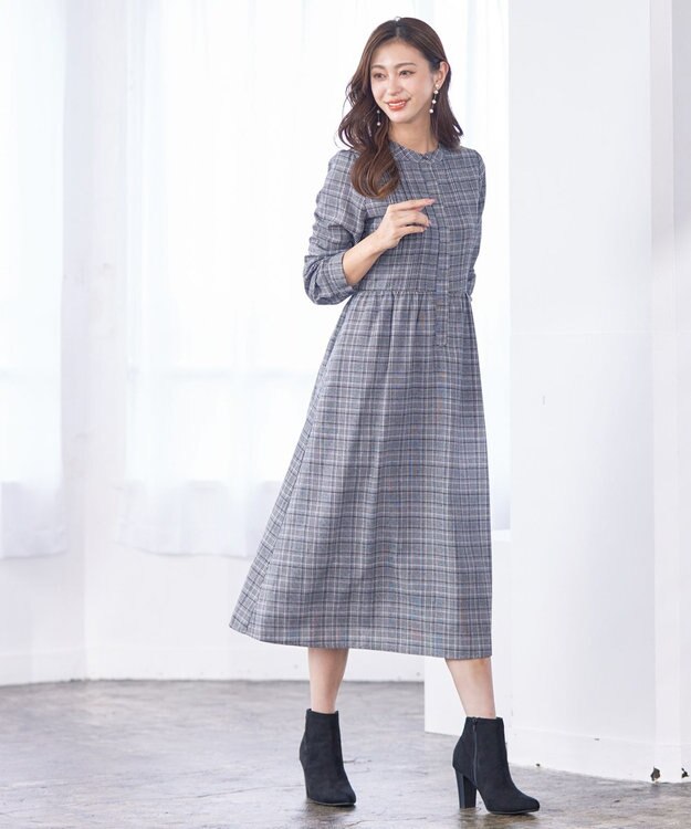 Tiaclasse 【洗える】バンドカラーチェック柄シャツワンピース グレー