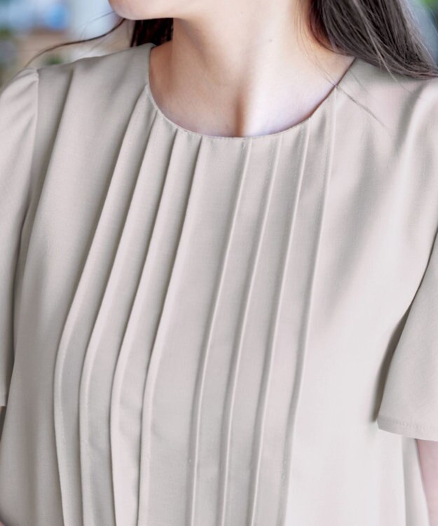 Tiaclasse L 【洗える】麻調ピンタックチュニックブラウス グレージュ