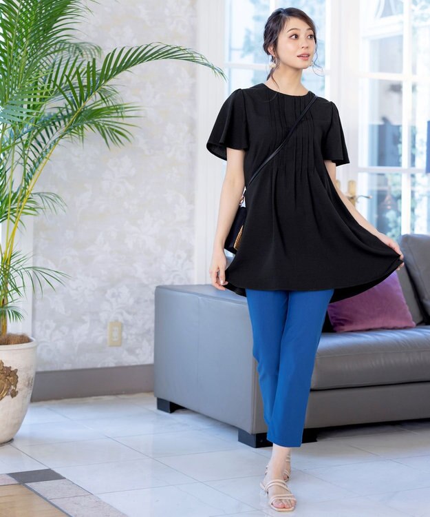 Tiaclasse L 【洗える】麻調ピンタックチュニックブラウス ブラック