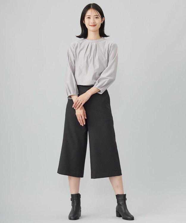 J.PRESS LADIES ストライプジャージー モックネック カットソー グレージュ系