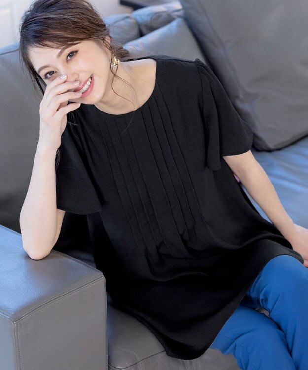 Tiaclasse L 【洗える】麻調ピンタックチュニックブラウス ブラック