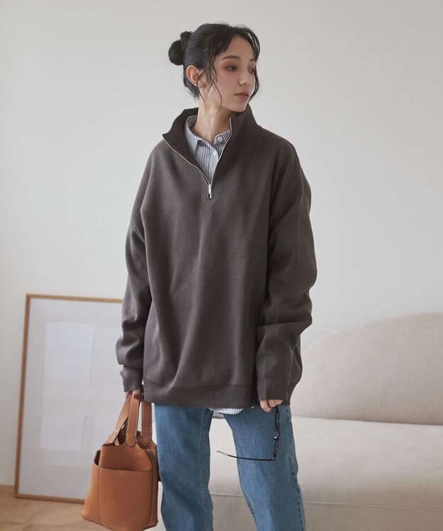 WEGO 【ユニセックス着用ITEM】ミラノリブハーフジッププルオーバー ダークグレー