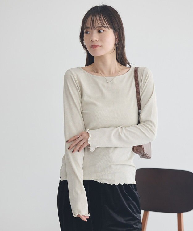 earth music&ecology ラメテレコボートネックプルオーバー Ivory