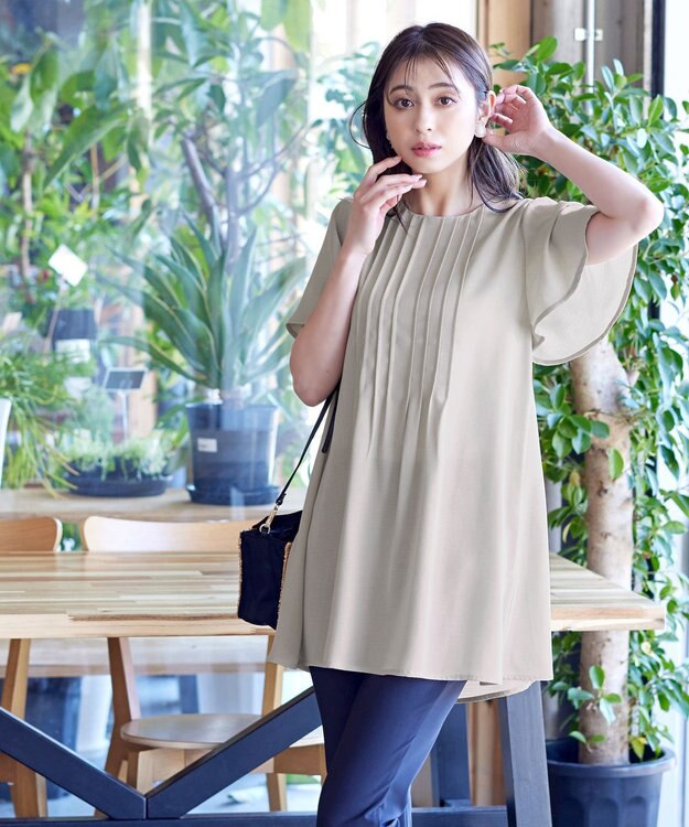 Tiaclasse L 【洗える】麻調ピンタックチュニックブラウス グレージュ