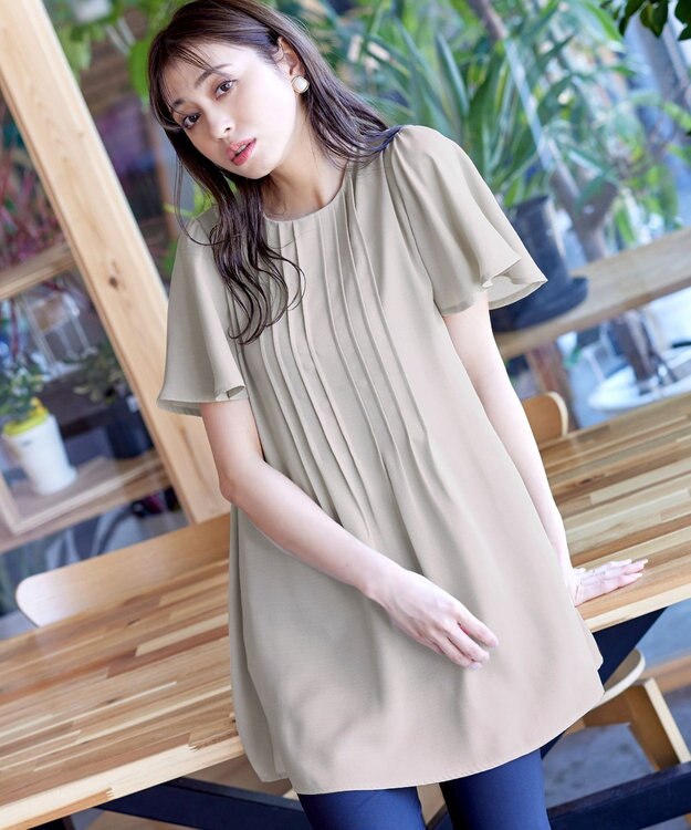 Tiaclasse L 【洗える】麻調ピンタックチュニックブラウス グレージュ