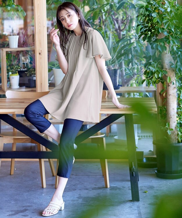 Tiaclasse L 【洗える】麻調ピンタックチュニックブラウス グレージュ