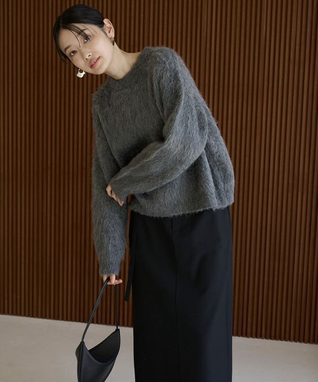 UNFILO L アルパカシャギー クルーネック プルオーバー チャコール