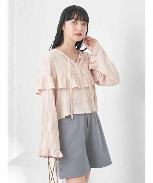 earth music&ecology フリル切替えショートブラウス Pink Beige