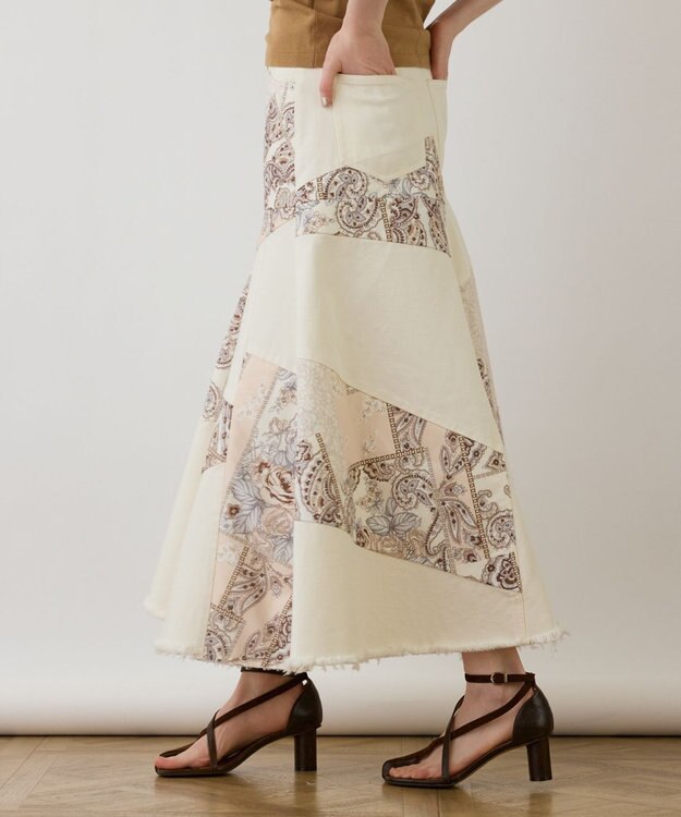 GRACE CONTINENTAL スカーフコンビデニムスカート ベージュ