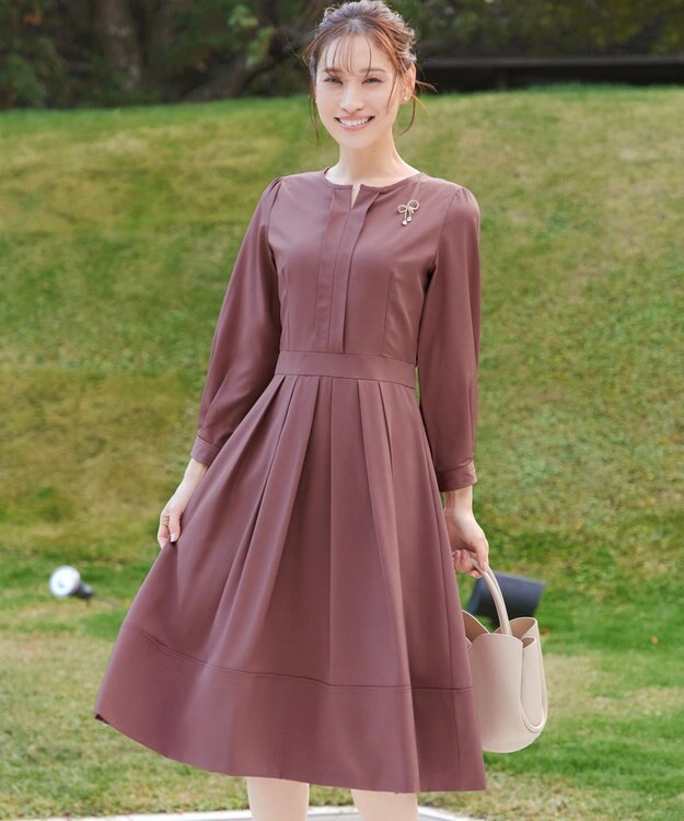 Tiaclasse 【セレモニー・新色追加】キーネックフレアワンピース ピンク