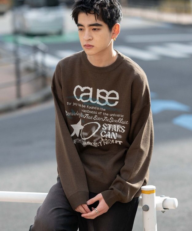 WEGO スプレーグラフィックニットプルオーバー ブラウン