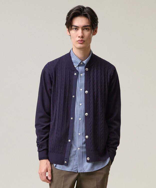 J.PRESS MEN 羽織るだけで整う大人の品格【ストレッチ / イージーケア】【FLEX YARN】ケーブルニット ブルゾンライク カーディガン ネイビー系