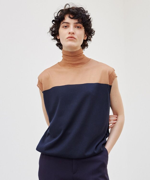 BEIGE， 【洗える】CARNOT / バイカラーニット Navy×Camel