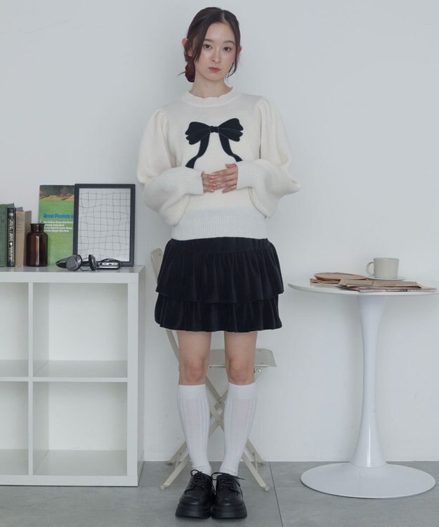 WEGO ベロアリボンアップリケタックスリーブニット ホワイトアイボリー