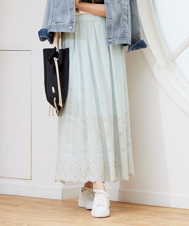 自由区 S 【カタログ掲載・洗える】エンブロイダリーローン スカート アクア×ベージュ