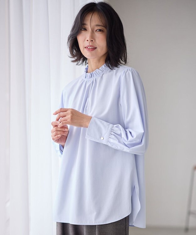 ANY 【手洗い可能/抗菌防臭/UVカット/速乾】フリルモックブラウス ライトブルー
